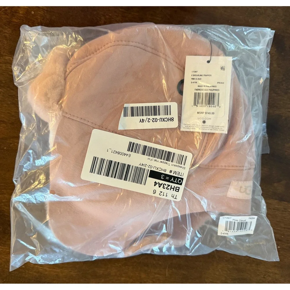 UGG Kids K Shearling Trapper Hat‎ Pink Cloud Sheepskin Suede 2-4YR 17397 NEW